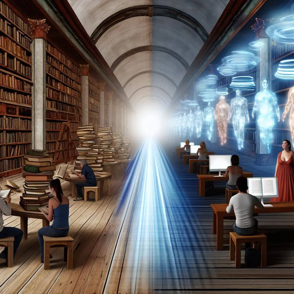 A path leading from traditional to digital collections, blending humanity with digital enhancement.
