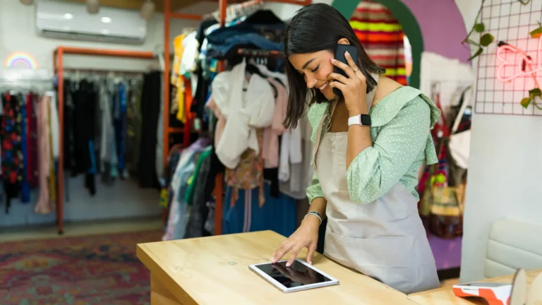 female working in clothing store working on tablet speaking on cell phone