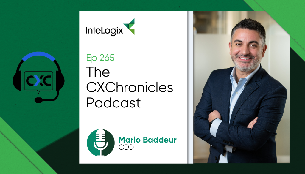 mario baddour ceo and president standing in a suit next to cxchronicles podcast logo
