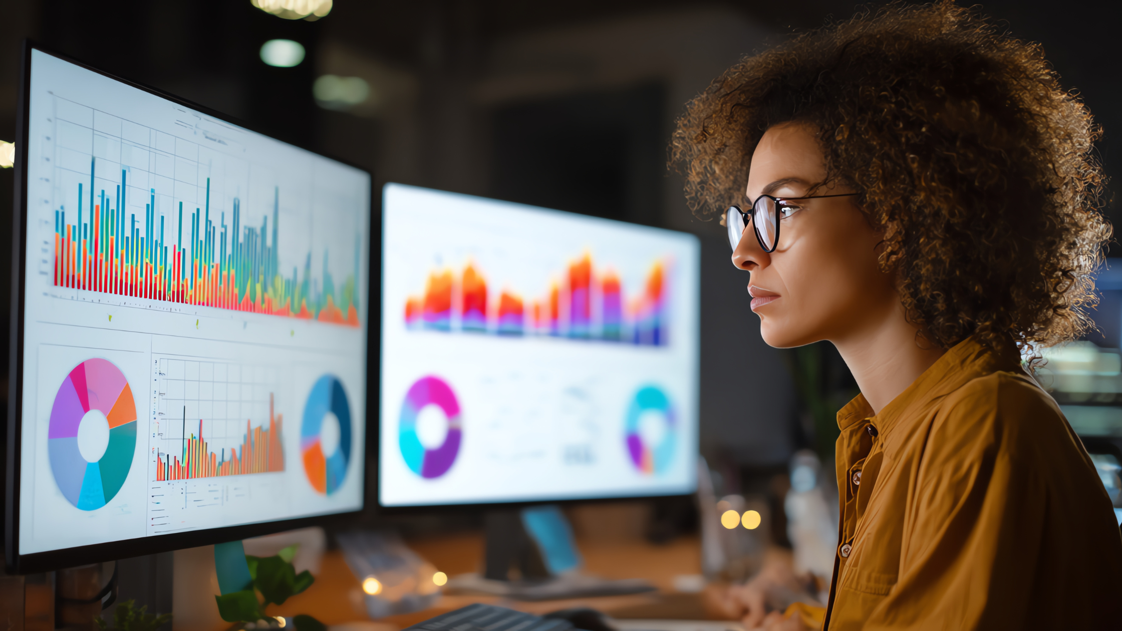 Female has dual monitors and is reviewing performance charts and graphs on both