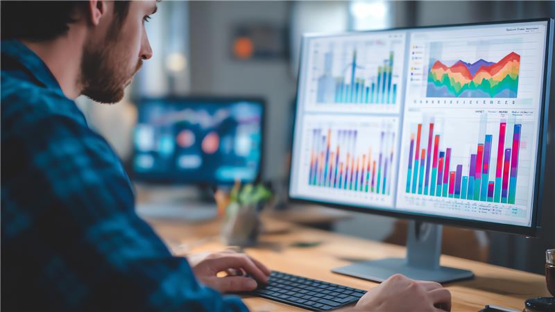 Male monitoring performance metrics on desktop computer, charts and graphs are displayed