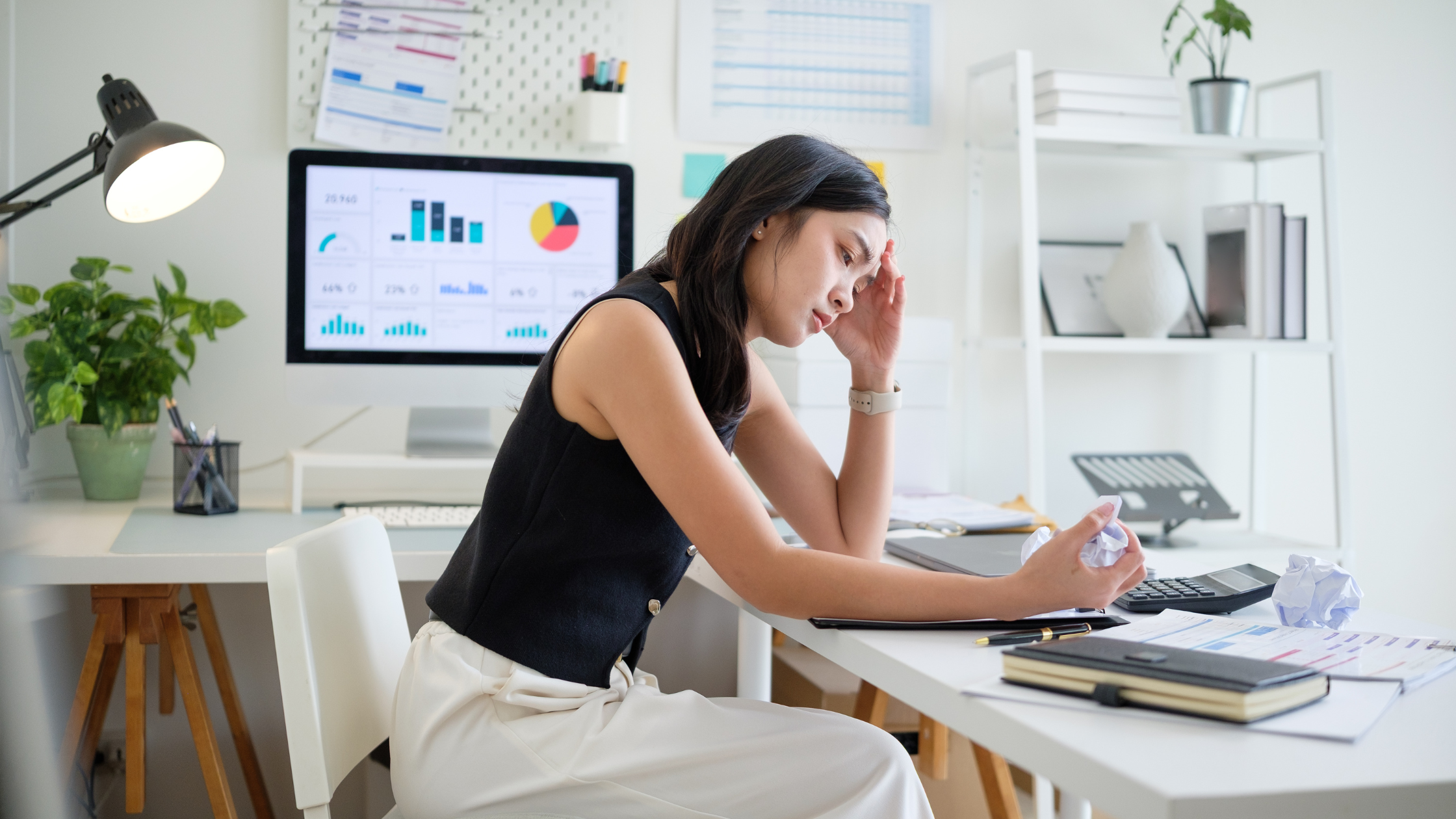 Female sitting at desk looking down with brow furrowed