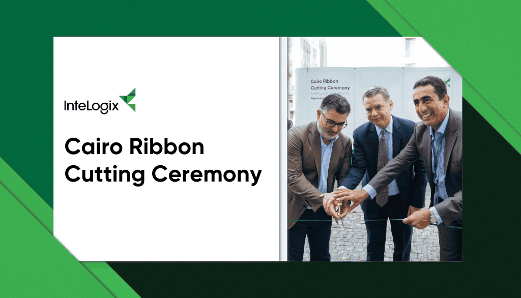 InteLogix Cairo Ribbon Cutting Ceremony graphic showing three leaders cutting a green ribbon to open the new Cairo contact center